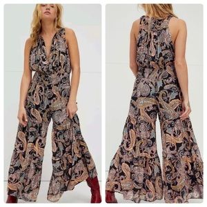 NWT Free People Gold Dust Metallic Paisley Print Sleeveless Jumpsuit XS
